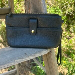 Lodis Black pebbled Leather wristlet with Gold Detail